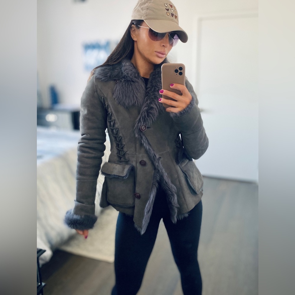 Real lamb skin leather and fur jacket